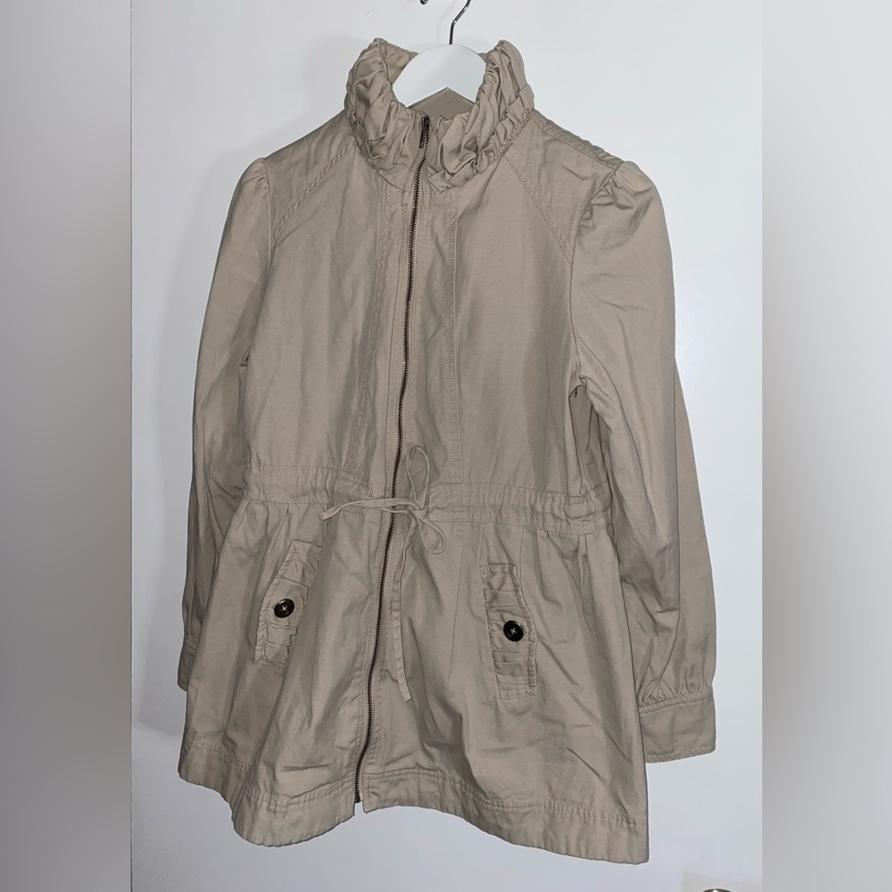 Willi Smith Women's L Tan Khaki 100% cotton canvas zip front Jacket ruffle neck